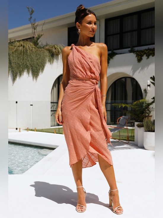Hello Molly Dresses & Skirts - Hello Molly Golden Vibes Blush Faux Wrap Midi Dress, Size M - NWT!